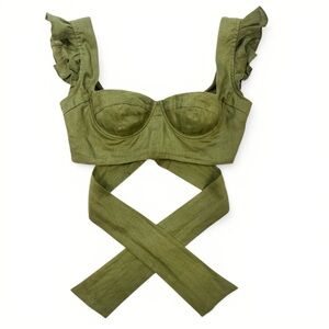 Isa Boulder Green Linen Sleeveless Ruffle Wrap Bustier Tie Waist Crop Top small